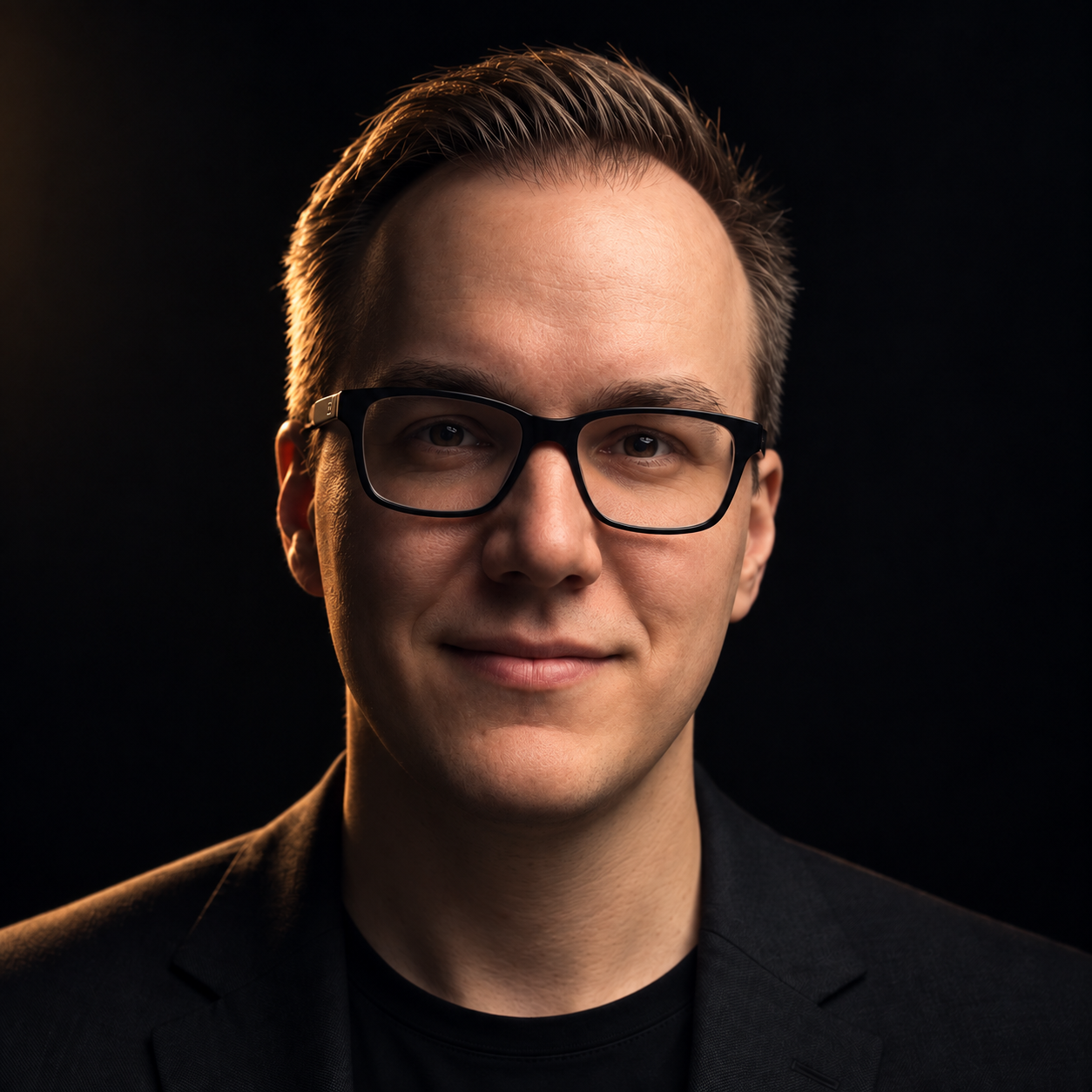 Denny Weber, wearing a dark jacket and glasses, lit from the side against a dark background