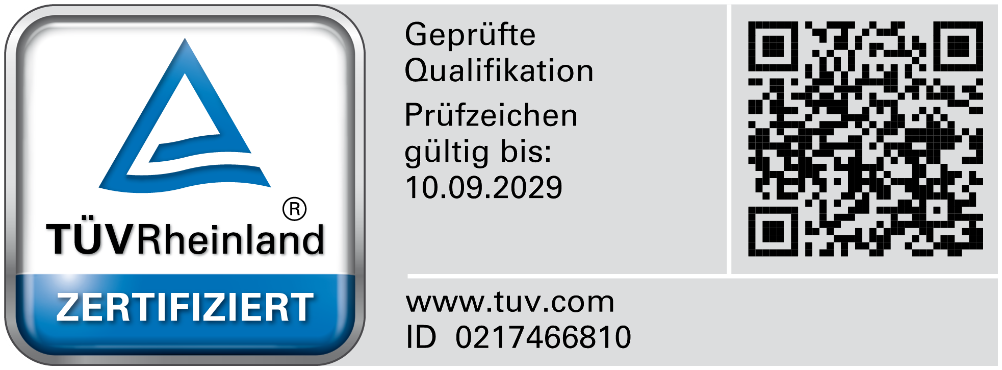 Denny Weber's original German TÜV Rheinland personal qualification mark with QR code, ID 0217466810